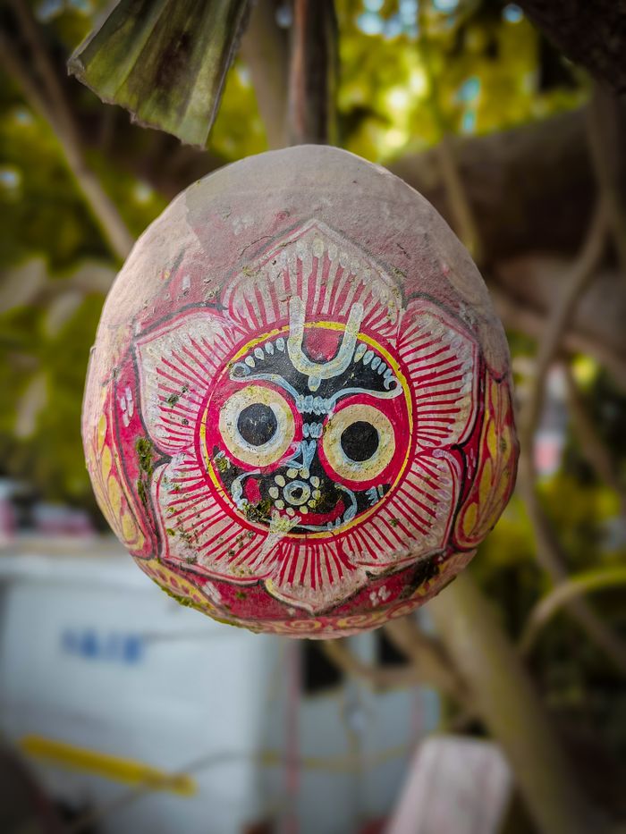 gallery-4 Ornate Indian design painted on a coconut shell hanging outdoors in Kolkata.